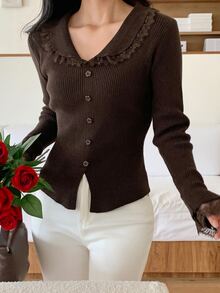 DAZY Women's Lace Patchwork Casual Versatile Daily Wear Sweater - Brown - View 5