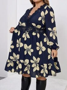 SHEIN CURVE+ 大尺碼女款V領蕾絲飾邊花卉印花休閒日常夏季洋裝 - 彩色 - 查看 6