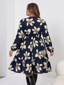 SHEIN CURVE+ 大尺碼女款V領蕾絲飾邊花卉印花休閒日常夏季洋裝 - 彩色 - 查看 2