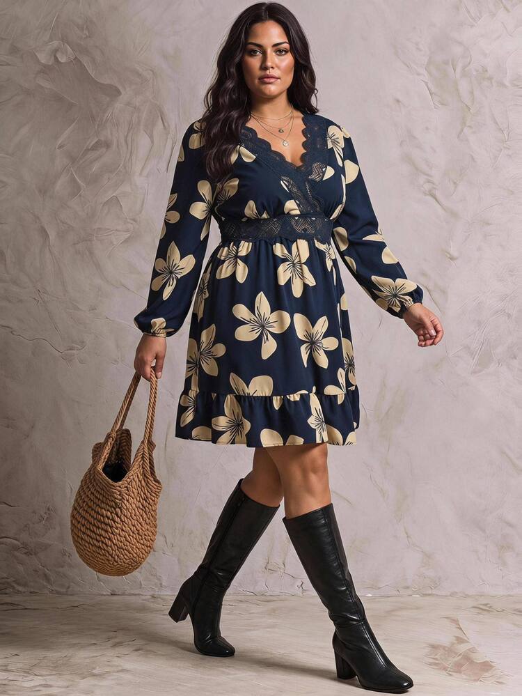 SHEIN CURVE+ Gaun Kasual Musim Panas Wanita Ukuran Besar dengan Leher V, Hiasan Renda, dan Motif Bunga - MultiWarna - View 4