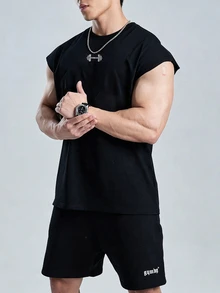 GymBeat Reflective Line Minimalist Print Fitness Sleeveless Tank Top Men's Sports Muscle Training Running Loose Fit T-Shirt, Gym,Feel,Sporty Style - Black - View 5
