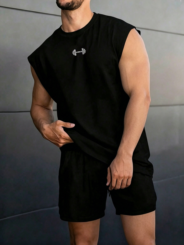 GymBeat 男士休闲运动印花肌肉背心哑铃标志夏季健身背心，轻便 - 黑色 - 查看 1