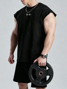 GymBeat Reflective Line Minimalist Print Fitness Sleeveless Tank Top Men's Sports Muscle Training Running Loose Fit T-Shirt, Gym,Feel,Sporty Style - Black - View 3