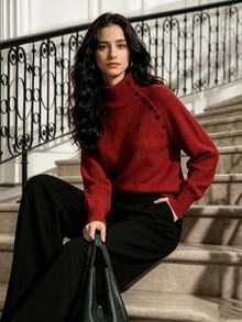 Anewsta Essential Women's New Autumn/Winter Slimming Versatile High Neck Knit Sweater Top - Red - View 1
