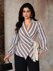 Roveilla Plus Size Women's Fall Colorblock Blue White Stripe V-Neck ...