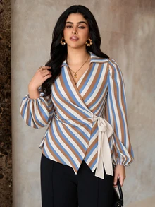 Roveilla Plus Size Women's Fall Colorblock Blue White Stripe V-Neck ...
