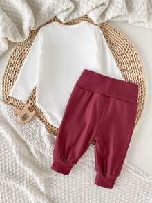 SHEIN 2件組嬰幼兒女童連身褲褲，可愛甜美白色酒紅狗狗圖案印花長袖圓領休閒運動風秋冬節日毛衣 - 彩色 - 查看 2