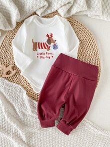 SHEIN 2件組嬰幼兒女童連身褲褲，可愛甜美白色酒紅狗狗圖案印花長袖圓領休閒運動風秋冬節日毛衣 - 彩色 - 查看 9