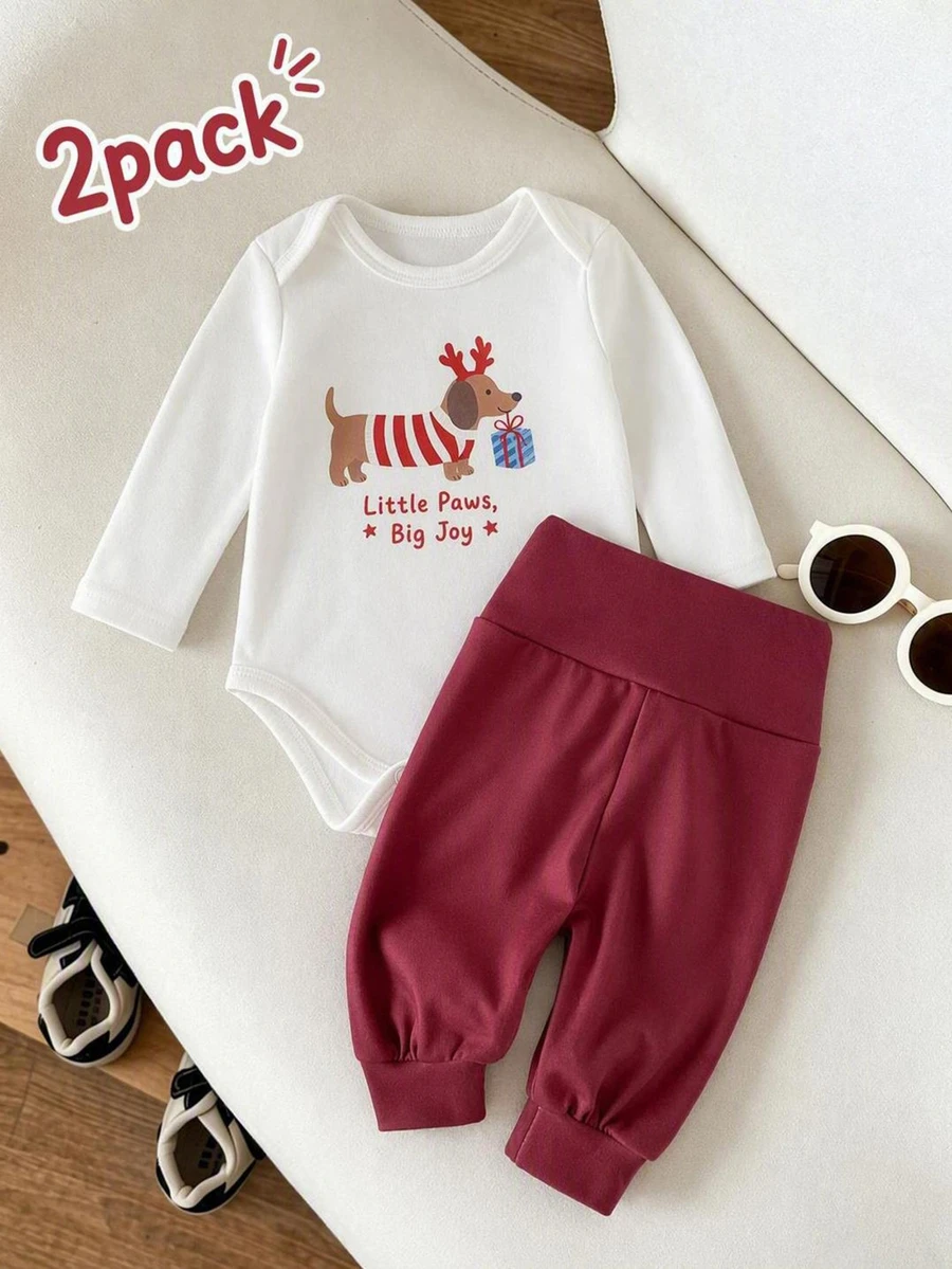 SHEIN 2件組嬰幼兒女童連身褲褲,可愛甜美白色酒紅狗狗圖案印花長袖圓領休閒運動風秋冬節日毛衣 - 彩色 - 查看 1