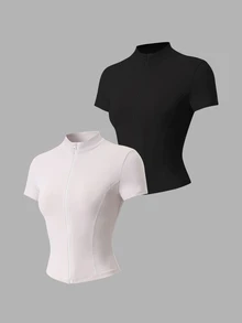 Velisys Velisys Women's Solid Color Stand Collar Short Sleeve Zipper Placket Slim Fit Sports T-Shirt - Multicolor - View 5