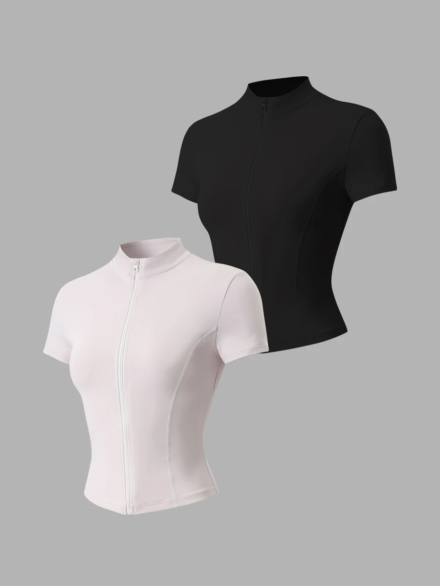 Velisys Velisys Women's Solid Color Stand Collar Short Sleeve Zipper Placket Slim Fit Sports Modest T-Shirt Workout Activewear Black Summer - Multicolor - View 1