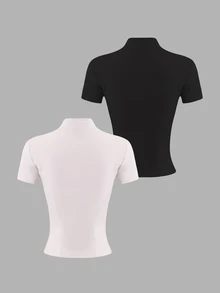 Velisys Velisys Women's Solid Color Stand Collar Short Sleeve Zipper Placket Slim Fit Sports T-Shirt - Multicolor - View 2