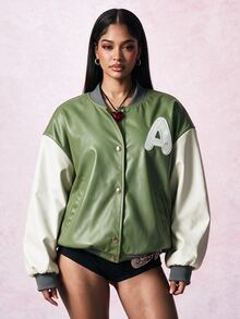 Gowayae Gowayae Women's Spring/Autumn Vintage Streetwear Preppy Street Casual College Style Olive Green Patchwork Baseball Jacket Loose Fit Dropped Shoulder Outerwear - Multicolor - View 1