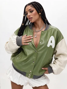 Gowayae Gowayae Women's Spring/Autumn Vintage Streetwear Preppy Street Casual College Style Olive Green Patchwork Baseball Jacket Loose Fit Dropped Shoulder Outerwear - Multicolor - View 2