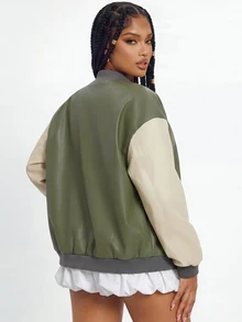 Gowayae Gowayae Women's Spring/Autumn Vintage Streetwear Preppy Street Casual College Style Olive Green Patchwork Baseball Jacket Loose Fit Dropped Shoulder Outerwear - Multicolor - View 5