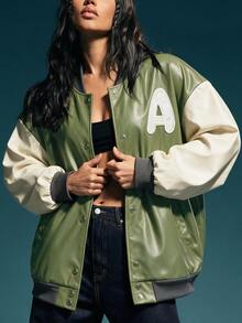 Gowayae Gowayae Women's Spring/Autumn Vintage Streetwear Preppy Street Casual College Style Olive Green Patchwork Baseball Jacket Loose Fit Dropped Shoulder Outerwear - Multicolor - View 4