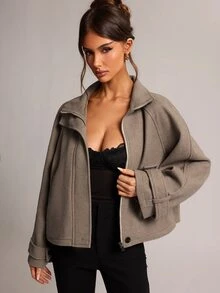 SHEIN BAE 女款百搭復古優雅休閒極簡鈕扣長袖夾克，商務日常旅行穿搭，灰色/灰褐色，秋季 - 棕色 - 查看 6