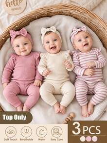 SHEIN Vintaside Kids (僅上衣，不含褲子) 3件組女嬰T恤，甜美灰粉色與白色奶油色羅紋荷葉袖長袖圓領上衣，適合假期、秋季、生日 - 彩色 - 查看 3