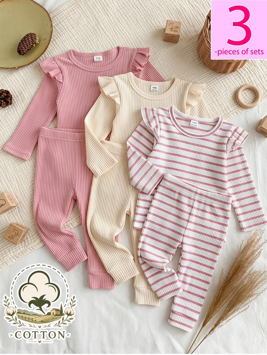SHEIN Vintaside Kids (僅上衣,不含褲子) 3件組女嬰T恤,甜美灰粉色與白色奶油色羅紋荷葉袖長袖圓領上衣,適合假期、秋季、生日 - 彩色 - 查看 1