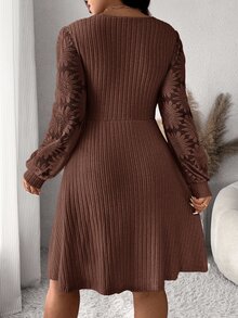 SHEIN CURVE+ US22 Size Plus Size Women's Heart Neck Long Sleeve Ruched Ribbed Casual Dress 5XL Autumn Dress Fall - Brown - View 2