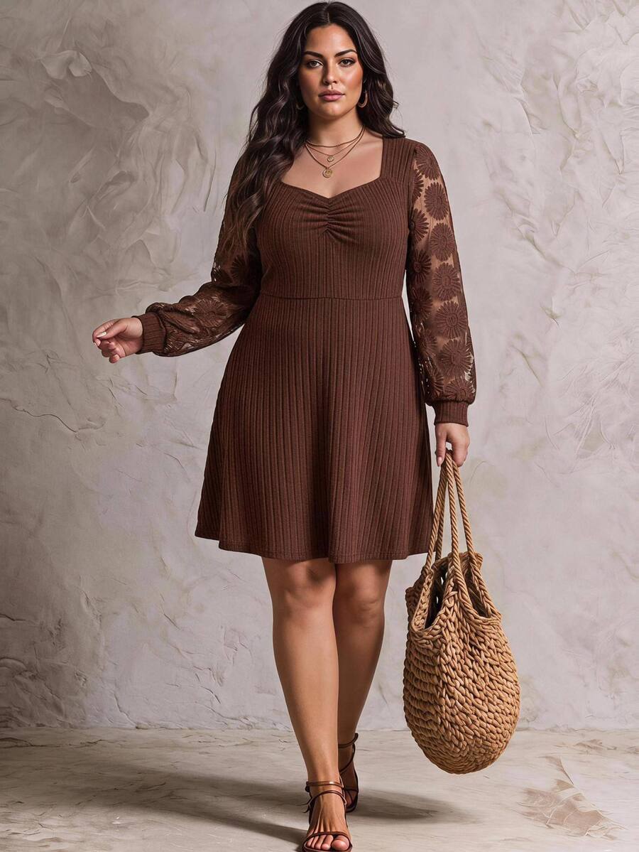 SHEIN CURVE+ US22 Size Plus Size Women's Heart Neck Long Sleeve Ruched Ribbed Casual Dress 5XL Autumn Dress Fall - Brown - View 1