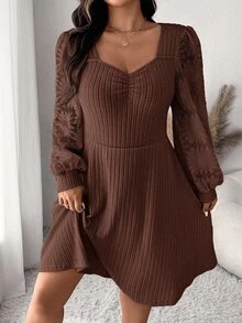 SHEIN CURVE+ US22 Size Plus Size Women's Heart Neck Long Sleeve Ruched Ribbed Casual Dress 5XL Autumn Dress Fall - Brown - View 7