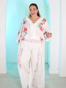 Pretty and Ole 大码女式蕾丝拼接系带设计时尚百搭日常阔腿裤 - 杏色 - 查看 5