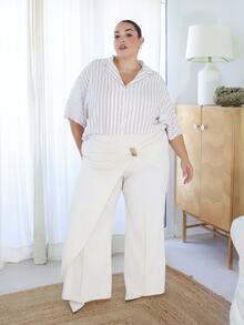 Pretty and Ole 加大码女式条纹日常通勤半袖时尚加大码衬衫，杏色加大码衬衫，百搭通勤衬衫 - 杏色 - 查看 5