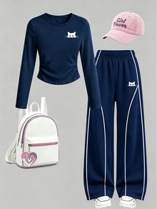 Tween Girls Cat Graphic Stripe Long Sleeve Top & Wide Leg Pants Set, Navy Blue White Fall Winter, 2 Pcs - Multicolor - View 4
