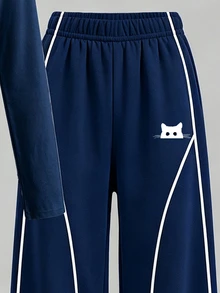 Tween Girls Cat Graphic Stripe Long Sleeve Top & Wide Leg Pants Set, Navy Blue White Fall Winter, 2 Pcs - Multicolor - View 6