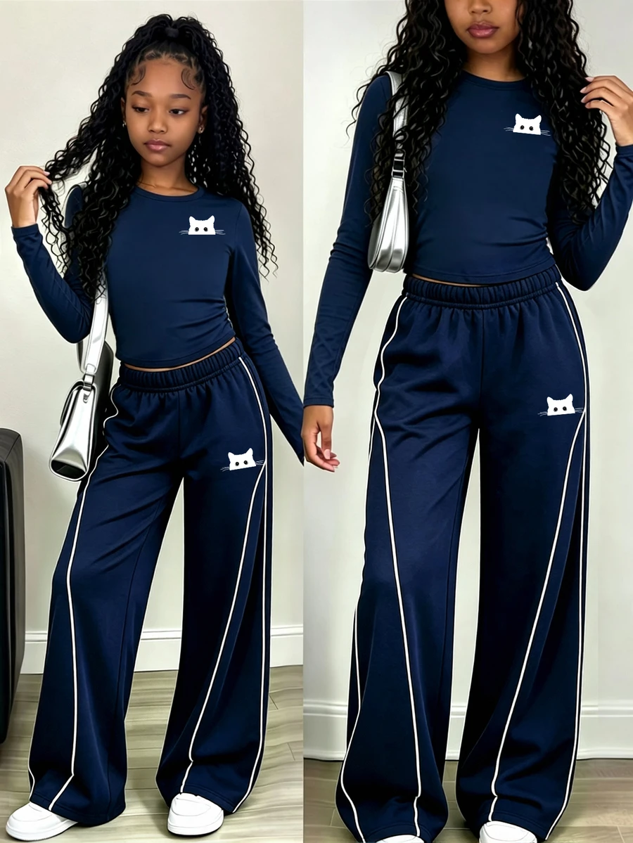 Tween Girls Cat Graphic Stripe Long Sleeve Top & Wide Leg Pants Set, Navy Blue White Fall Winter, 2 Pcs - Multicolor - View 1