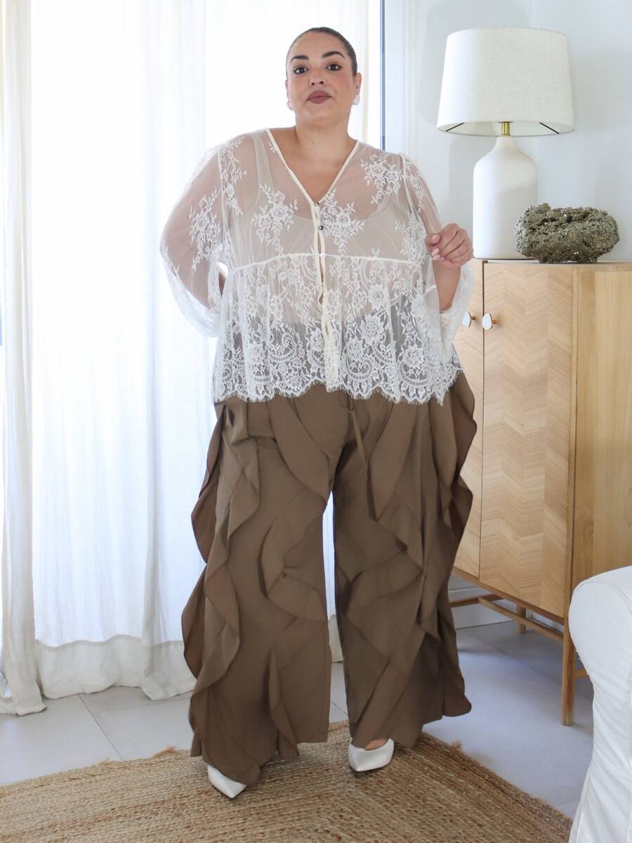 Pretty and Ole Plus Size Stylish Casual Ruffle Hem Pants, Versatile American Style Fall - Brown - View 1