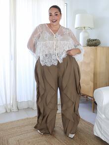Pretty and Ole Plus Size Stylish Casual Ruffle Hem Pants, Versatile American Style Fall - Brown - View 6
