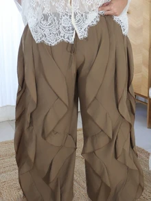 Pretty and Ole Plus Size Stylish Casual Ruffle Hem Pants, Versatile American Style Fall - Brown - View 5