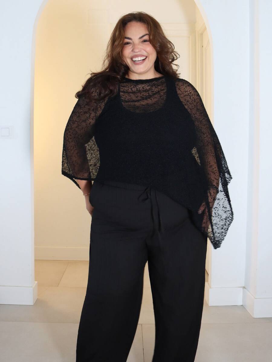 Pretty and Ole Atasan Rajut Bahu Jala Berpotongan Asimetris untuk Wanita Ukuran Plus, Serbaguna untuk Pakaian Sehari-hari, Malam Liburan Musim Panas, Liburan Musim Semi, Tampilan Karnaval, Warna Hitam untuk Musim Gugur - Hitam dan Putih - View 1