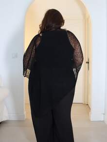 Pretty and Ole Atasan Rajut Bahu Jala Berpotongan Asimetris untuk Wanita Ukuran Plus, Serbaguna untuk Pakaian Sehari-hari, Malam Liburan Musim Panas, Liburan Musim Semi, Tampilan Karnaval, Warna Hitam untuk Musim Gugur - Hitam dan Putih - View 2