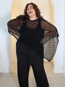 Pretty and Ole Atasan Rajut Bahu Jala Berpotongan Asimetris untuk Wanita Ukuran Plus, Serbaguna untuk Pakaian Sehari-hari, Malam Liburan Musim Panas, Liburan Musim Semi, Tampilan Karnaval, Warna Hitam untuk Musim Gugur - Hitam dan Putih - View 5