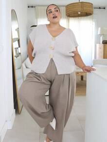 Pretty and Ole Plus Size Summer Casual Metal Button V-Neck Batwing Sleeve Cardigan Casual Going Out Cardigan For Women Fall - Khaki - View 4