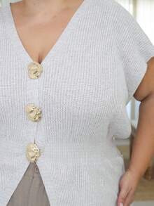 Pretty and Ole Plus Size Summer Casual Metal Button V-Neck Batwing Sleeve Cardigan Casual Going Out Cardigan For Women Fall - Khaki - View 5