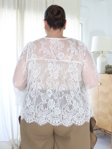 Pretty and Ole 大码女式蕾丝贝壳纽扣透视衬衫，宽松优雅休闲衬衫，适合户外、通勤、度假、春夏穿着 - 杏色 - 查看 3