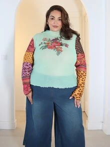 Pretty and Ole Plus Size Women Floral Print Casual Versatile Long Sleeve Top For Daily Wear Fall - Multicolor - View 6
