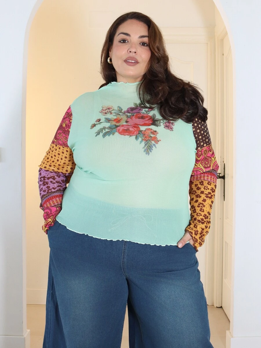 Pretty and Ole Plus Size Women Floral Print Casual Versatile Long Sleeve Top For Daily Wear Fall - Multicolor - View 1
