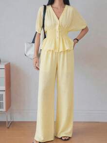 Dazy-Less Women's 2 Pieces Set: Pale Yellow V-Neck Short Sleeve Button-Up Ruched Waist Ruffle Blouse Wide Leg Pants Summer Autumn June Festival Vacation Office - Yellow - View 1