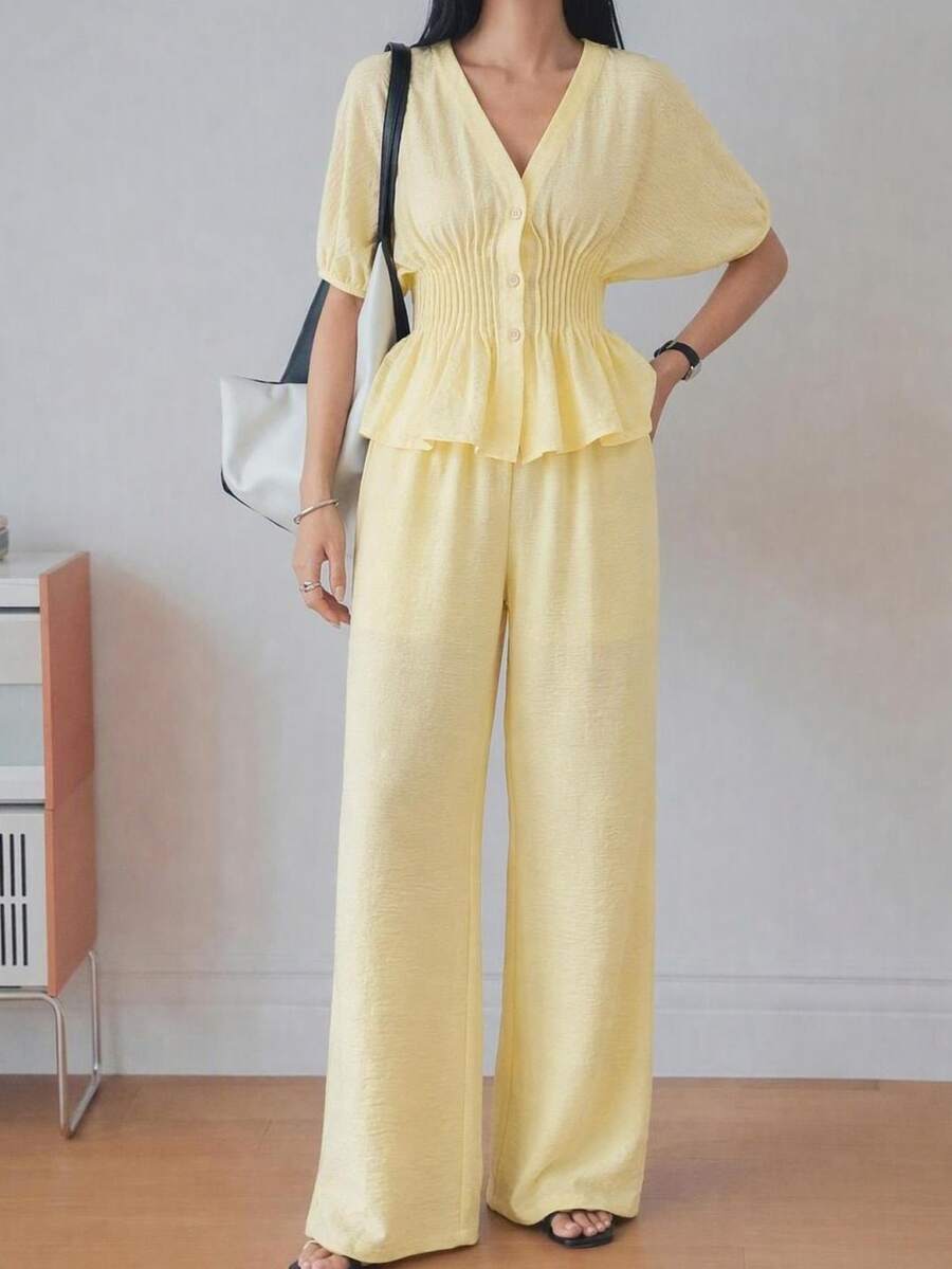 Dazy-Less Women's 2 Pieces Set: Pale Yellow V-Neck Short Sleeve Button-Up Ruched Waist Ruffle Blouse Wide Leg Pants Summer Autumn June Festival Vacation Office - Yellow - View 1