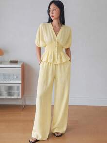 Dazy-Less Women's 2 Pieces Set: Pale Yellow V-Neck Short Sleeve Button-Up Ruched Waist Ruffle Blouse Wide Leg Pants Summer Autumn June Festival Vacation Office - Yellow - View 4