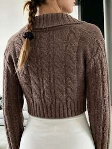IslaSuriya Y2K Brown Cable Knit Turn-Down Collar French Vintage Casual Daily Commute Single Button Short Cardigan - Brown - View 2