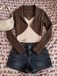 IslaSuriya Y2K Brown Cable Knit Turn-Down Collar French Vintage Casual Daily Commute Single Button Short Cardigan - Brown - View 1