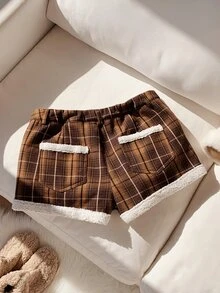 Comfortcana 女款秋冬格紋抓絨拼接口袋甜美百搭短褲 - 咖啡棕 - 查看 2