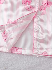 Tween Girl Bow & Striped Pattern Single-Breasted Top And Pants Loungewear Set - Pink - View 8