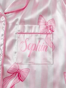 Tween Girl Bow & Striped Pattern Single-Breasted Top And Pants Loungewear Set - Pink - View 6